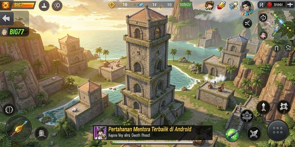 Gameplay seru BIG77 menampilkan pertarungan menara yang strategis.