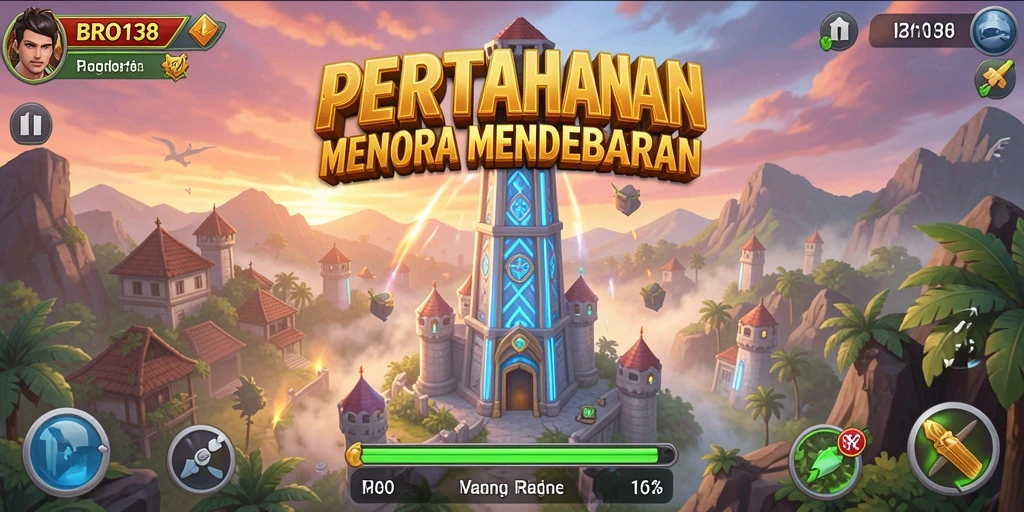 Screenshot BRO138 menampilkan aksi menara dalam pertempuran Tower Defense.