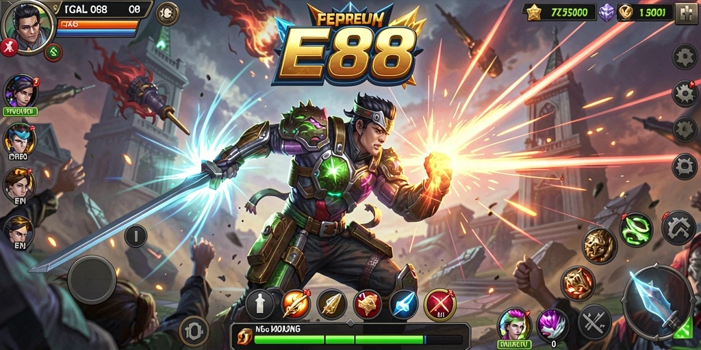 Tampilan seru gameplay E88 dengan karakter dan arena bertarung.