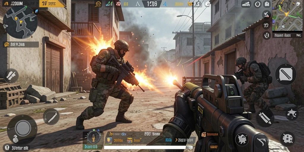 Screenshot gameplay J200M menampilkan aksi menembak yang mendebarkan.