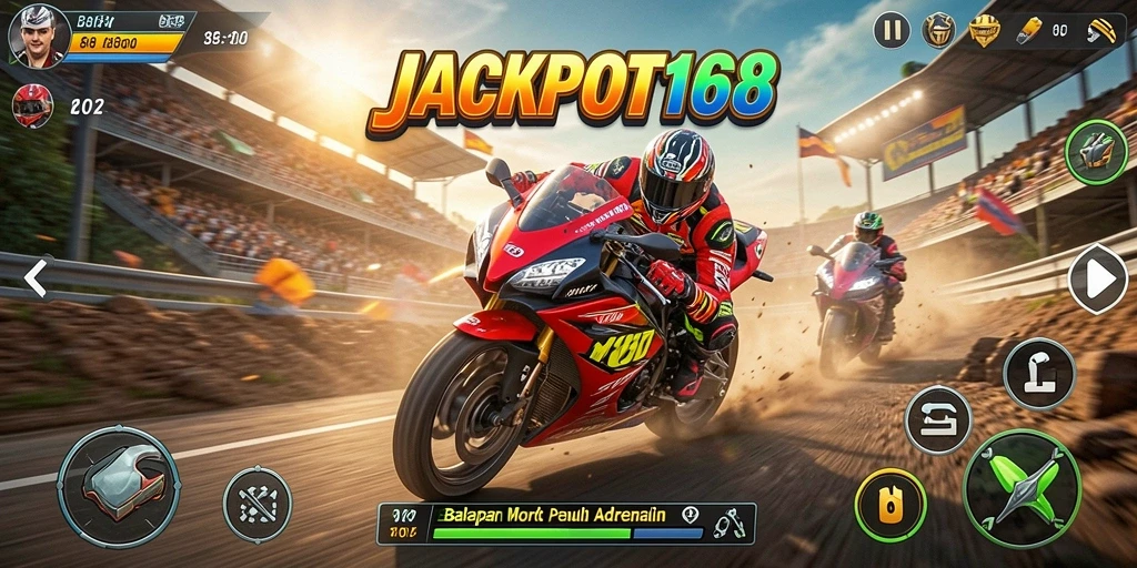 Tampilan gameplay menegangkan dari JACKPOT168 di lintasan balapan.