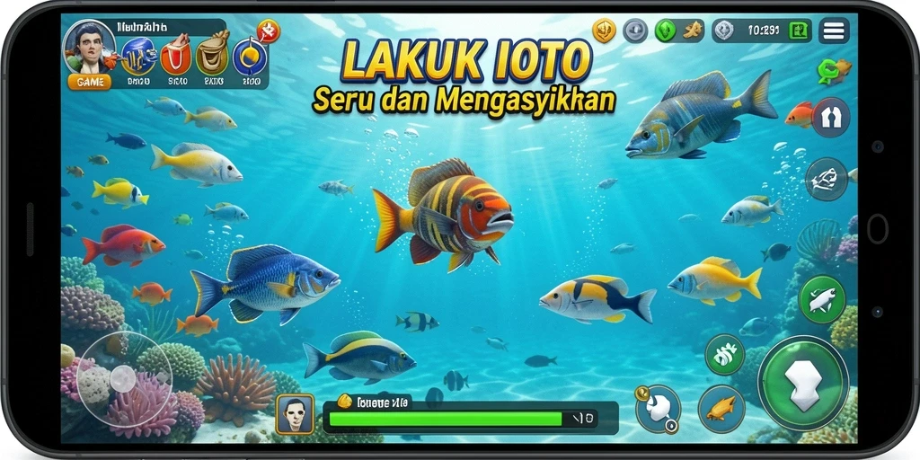 Tampak layar permainan LAKUTOTO dengan aksi tembak ikan yang seru.