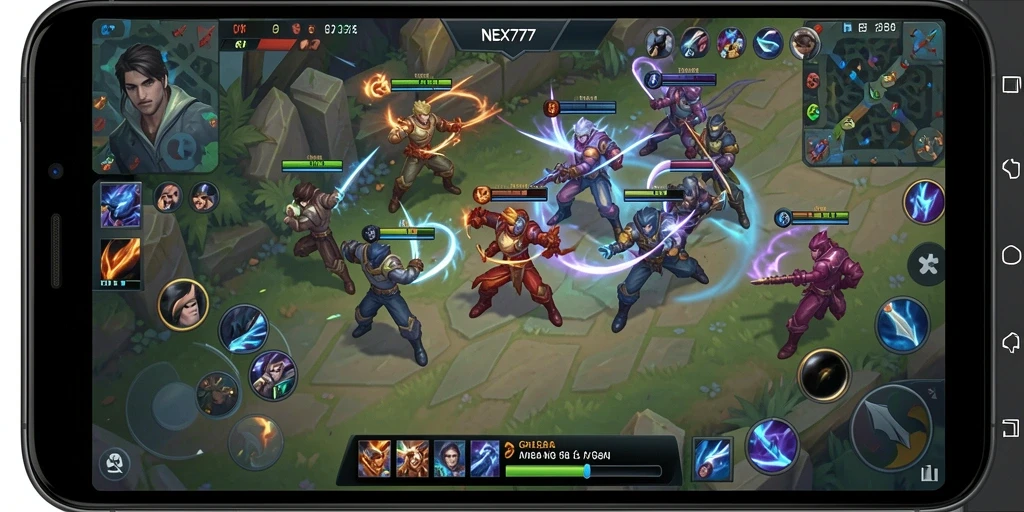 Screenshot menarik dari gameplay NEX777 yang penuh aksi MOBA.