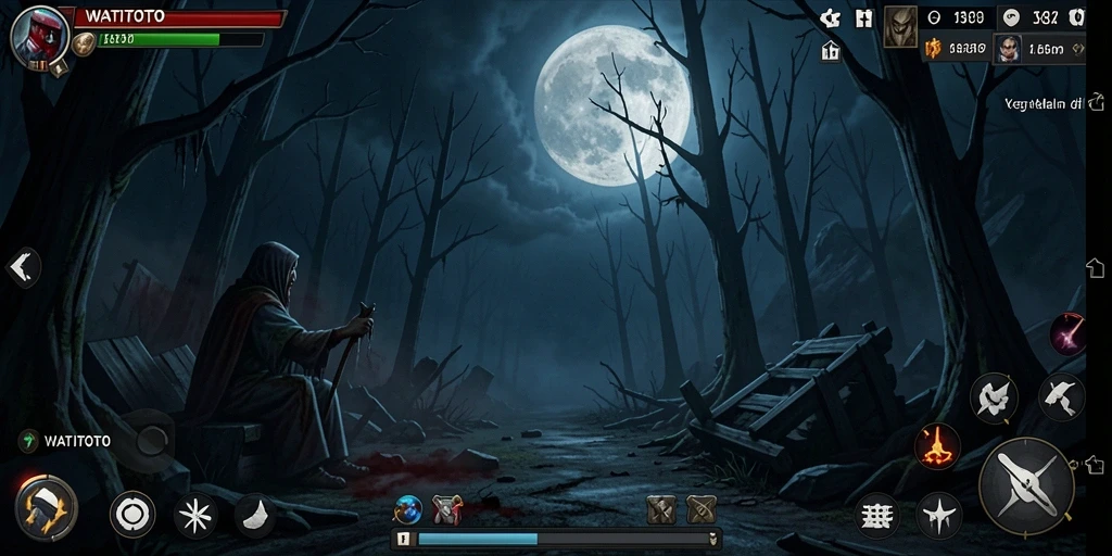 Screenshot gameplay WATITOTO menampilkan suasana horor yang mencekam.